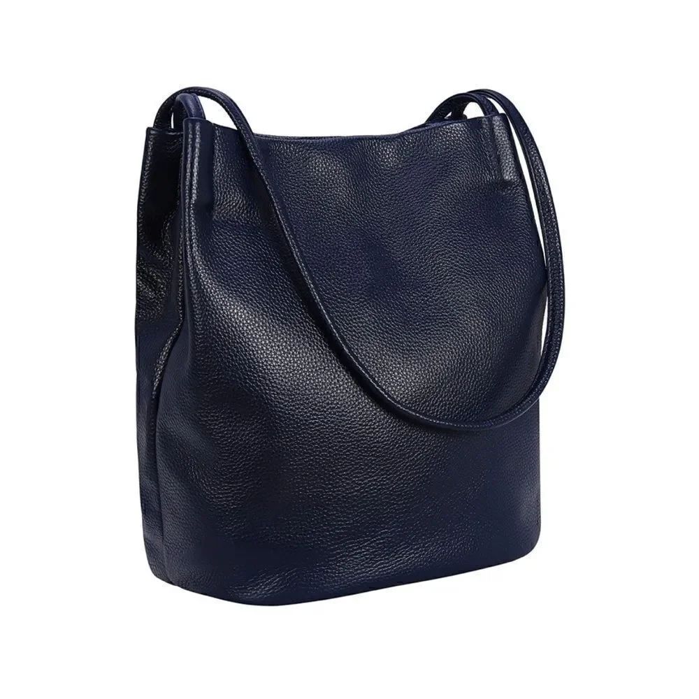 Genuine Leather Shoulder Bag - Navy Blue